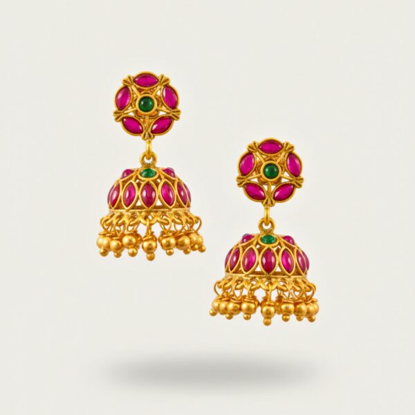 Ruby & Emerald Jhumka Earrings - Image 3